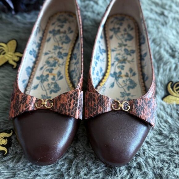 Gucci Yva Ballet Flats Snakeskin Bow Brown Leather 35 / US 5 – Italy – Rare - Picture 8 of 12